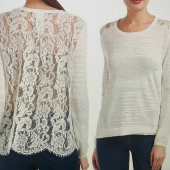 CAbi Tops - Cabi Ivory Sophia Lightweight Sweater with Scalloped Lace Back Size S